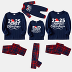 "2025 Family Christmas" Text Print Blue Long Sleeve Top with Blue & Red Plaid Family Matching Pajamas