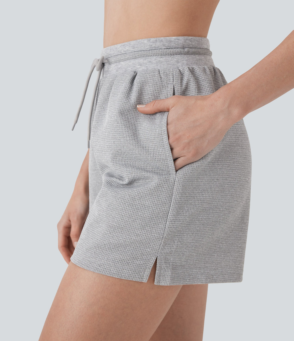 High Waisted Drawstring Waffle Yoga Shorts with Pockets