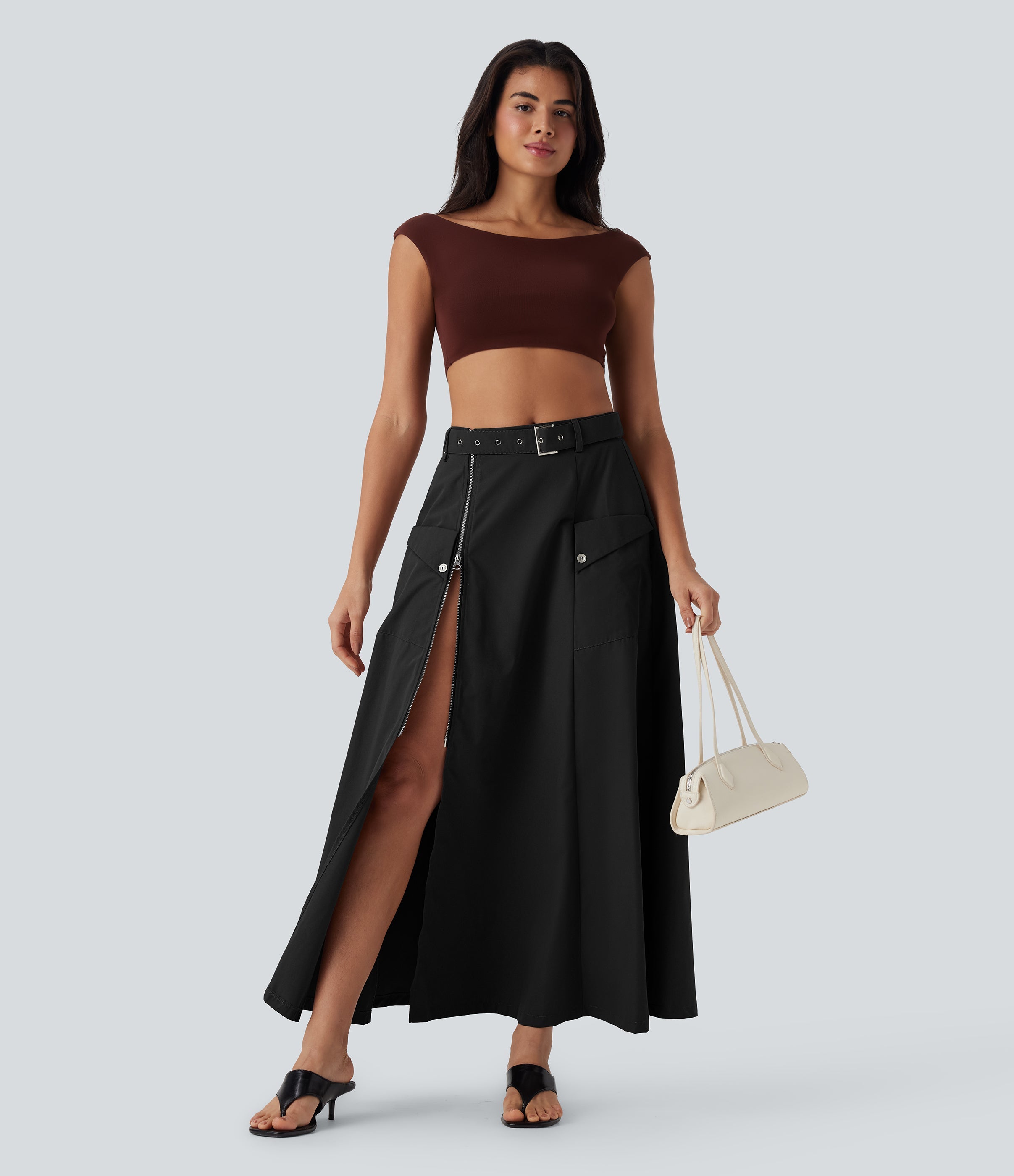 Mid Rise Belted Zipper Maxi Casual Skirt with Pockets
