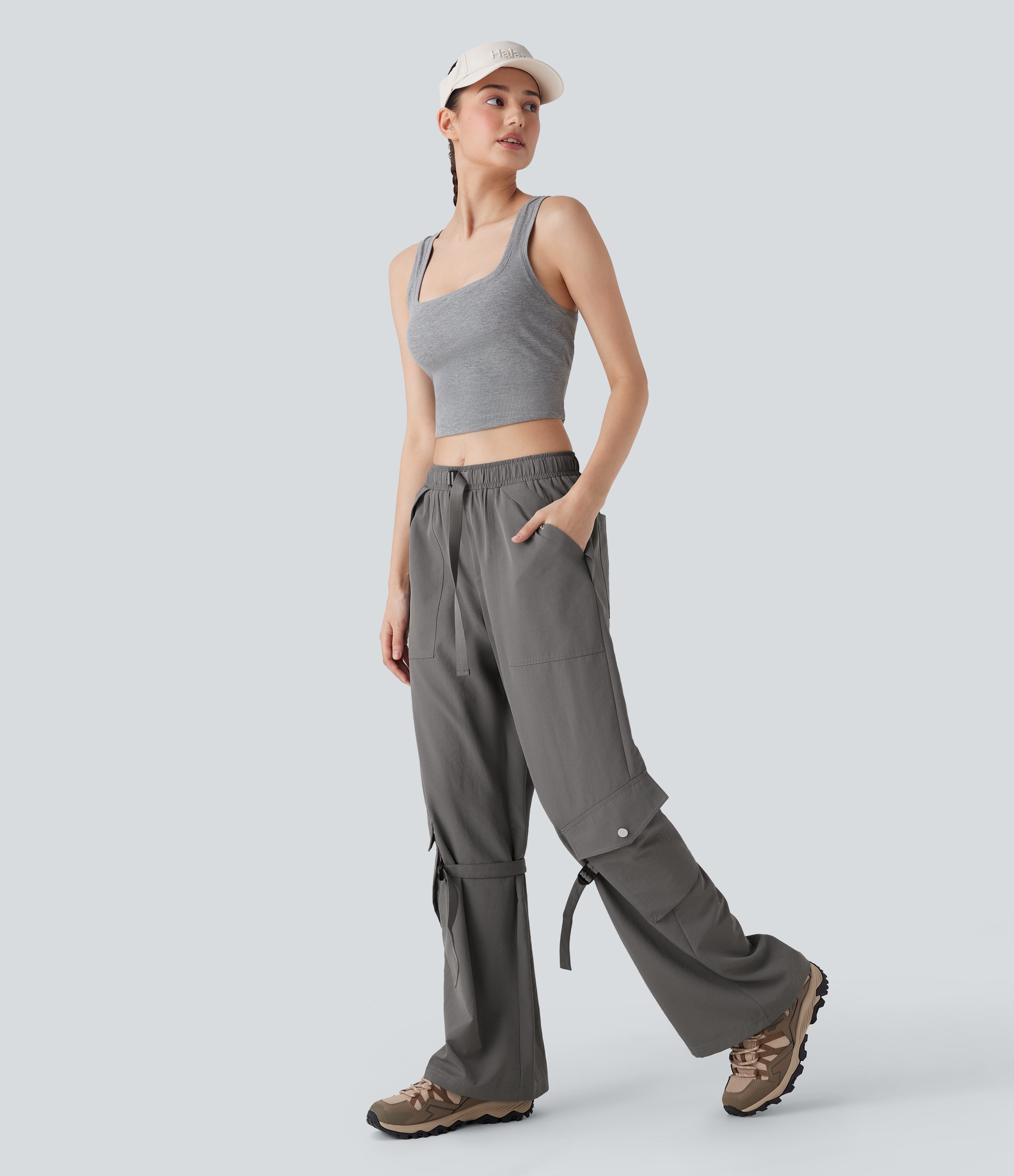 Mid Rise Belted Wide Leg Hiking Cargo Pants with Pockets