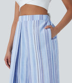 High Waisted Stripe Wide Leg Linen-Feel Pants with Pockets