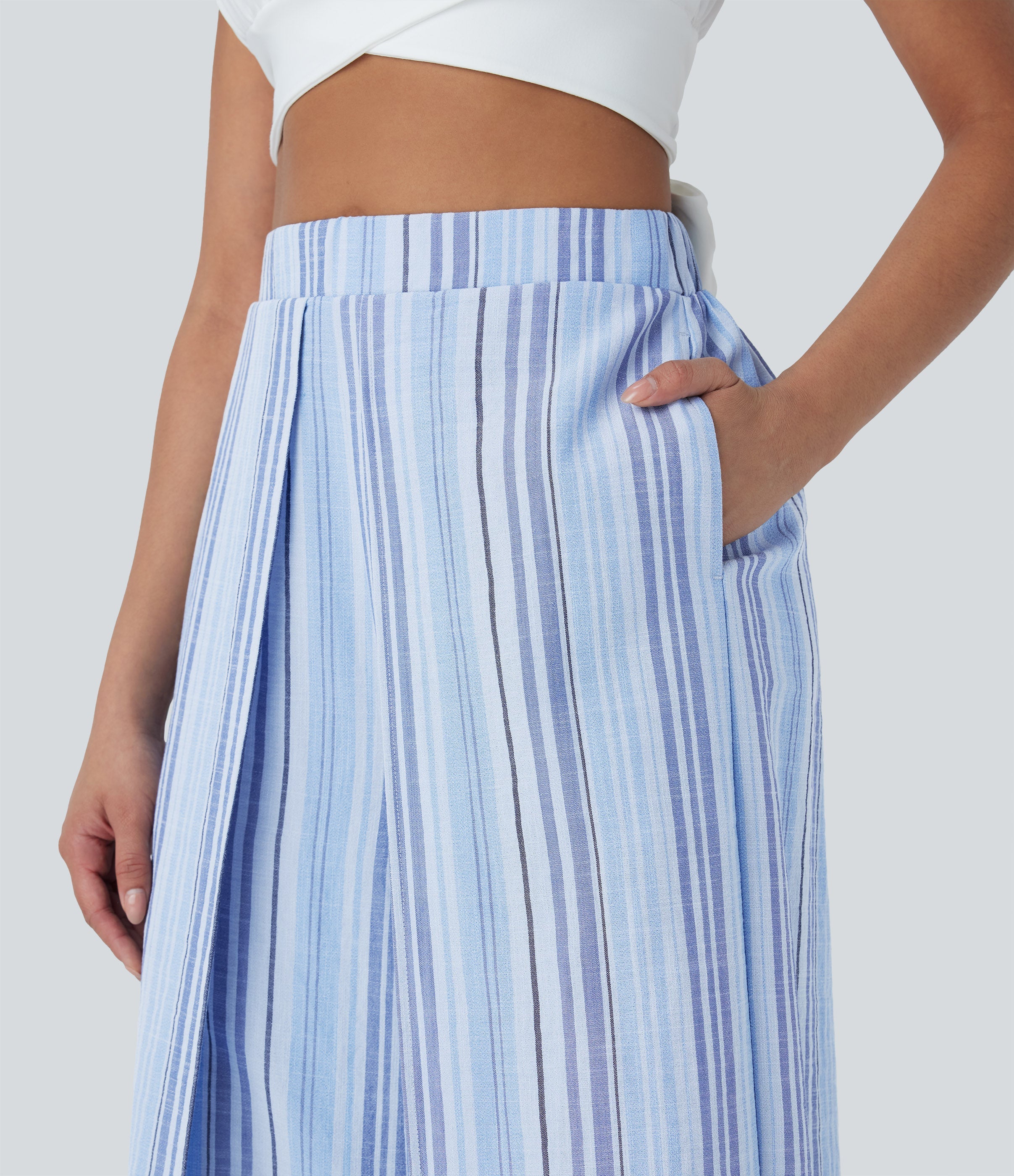 High Waisted Stripe Wide Leg Linen-Feel Pants with Pockets