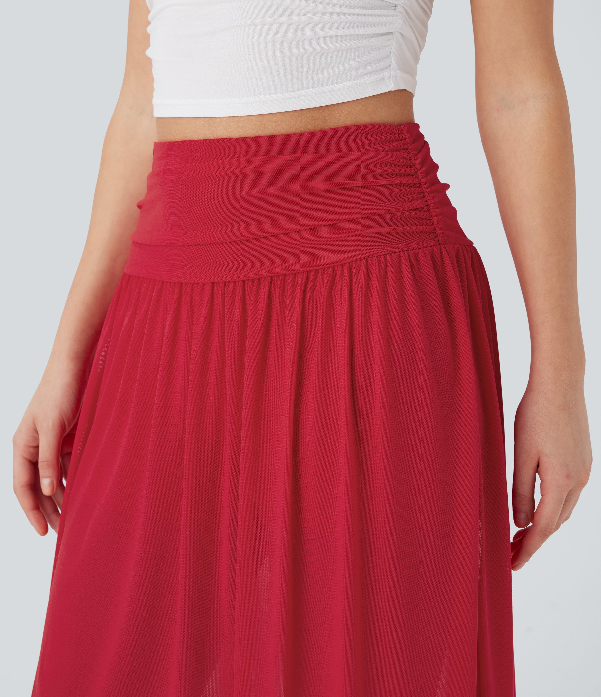 High Waisted Ruched 2-in-1 Contrast Mesh Flowy Midi Casual Skirt with Pockets
