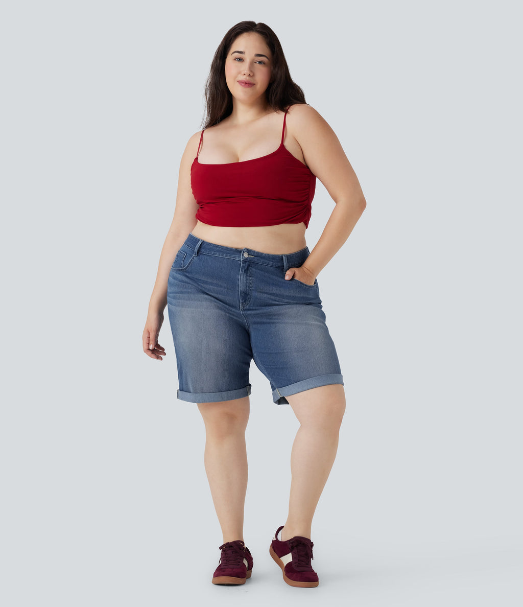 FlexTM High Waisted Multiple Pockets Rolled Hem Washed Stretchy Knit Denim Casual Plus Size Bermuda Shorts