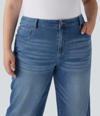 Plus Size FlexTM High Waisted Wide Leg Rolled Hem Washed Stretchy Knit Casual Jeans with Pockets