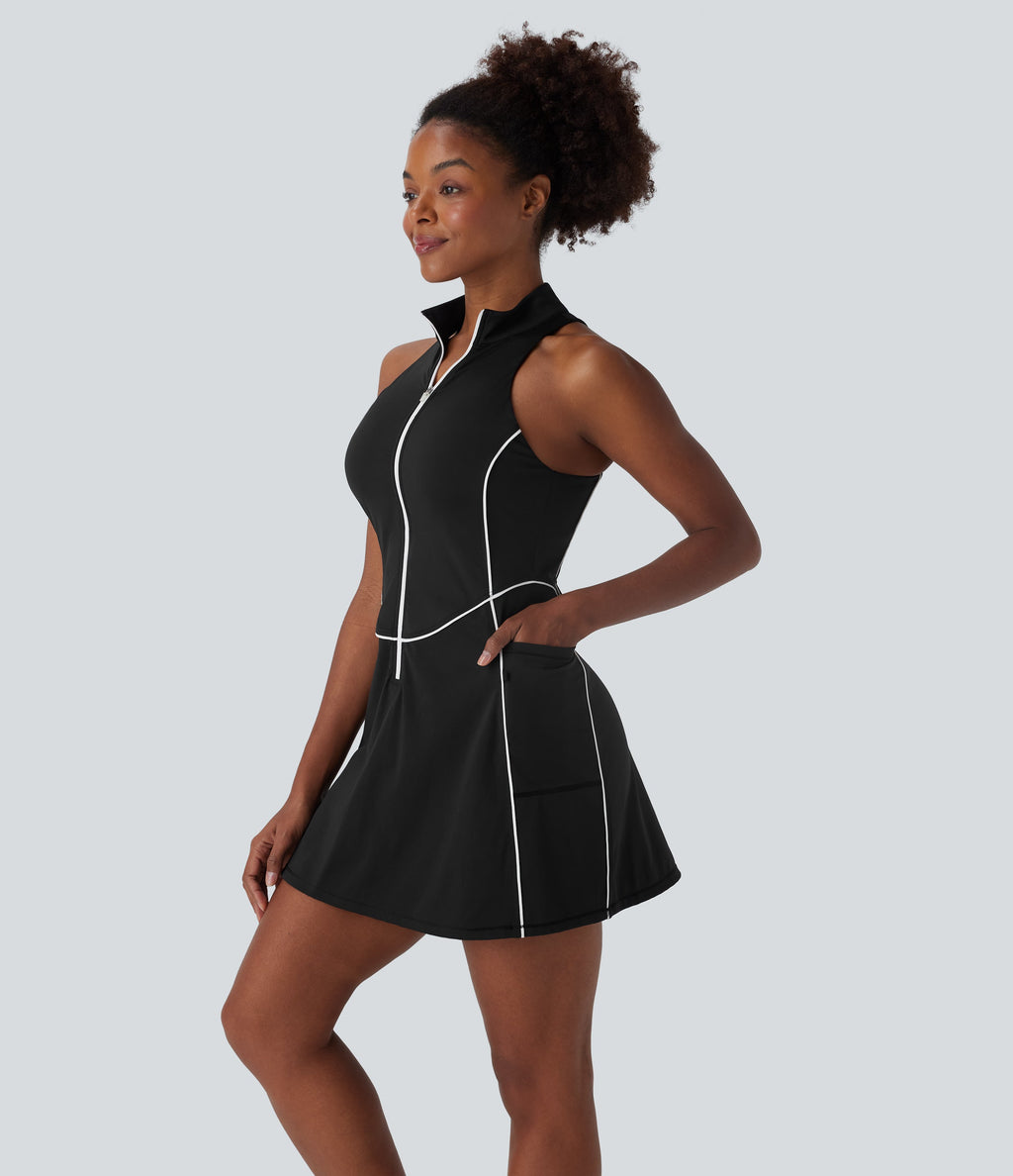 SoftlyZeroTM QuickDry Sleeveless Half Zip Mini Golf Active Dress with Pockets-Golf Tee