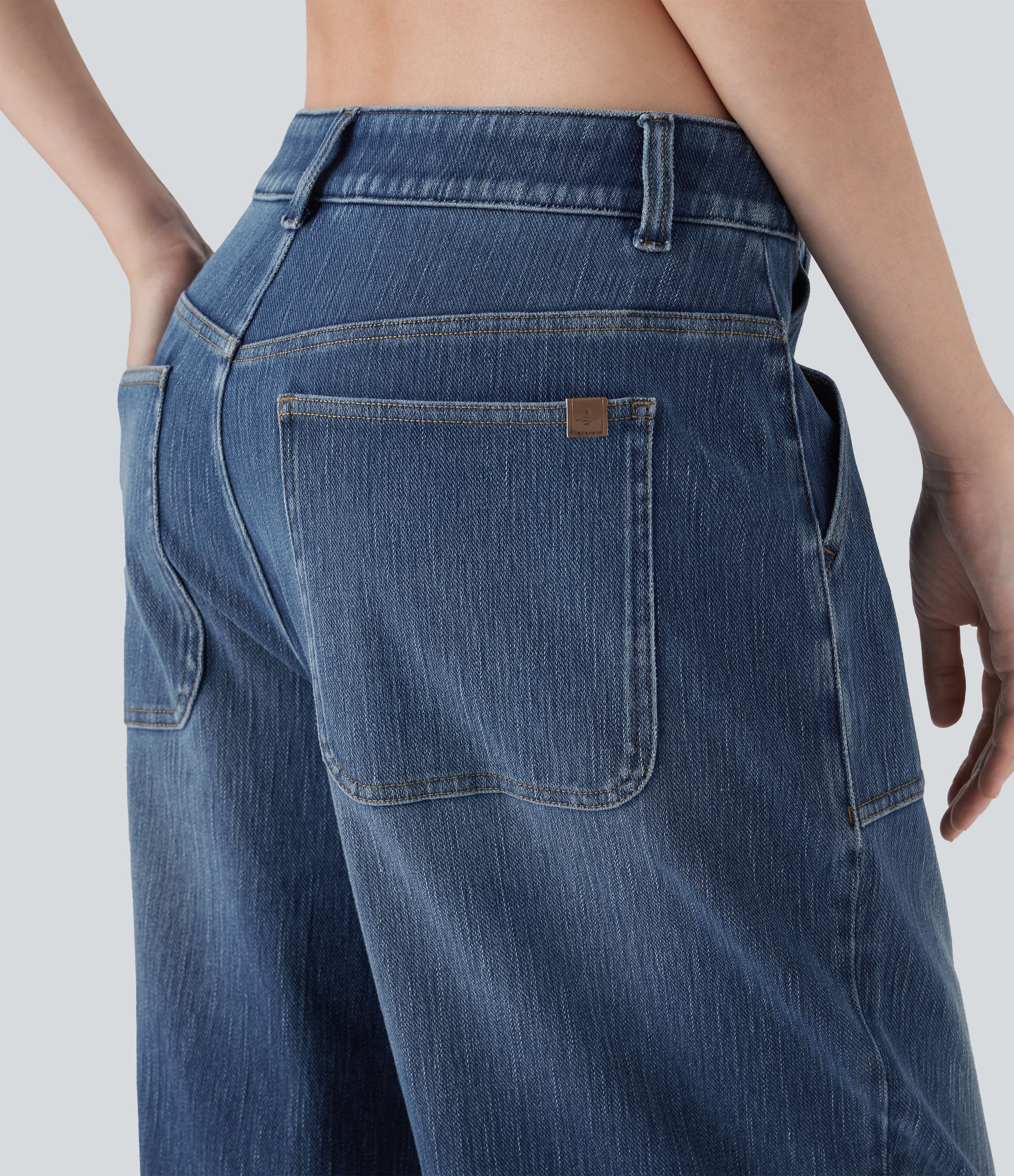 FlexTM Low Rise Rolled Hem Washed Casual Baggy Jeans with Pockets