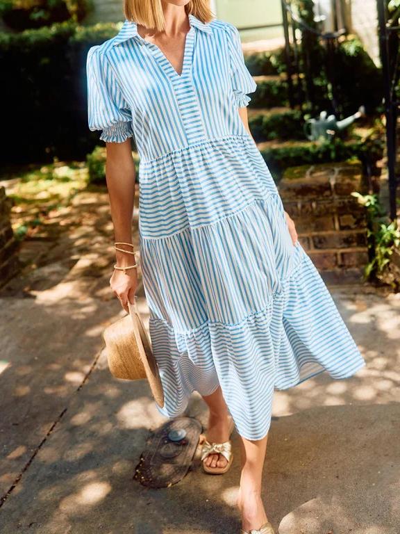 NEW🔥 V-Neck Pleated Short Sleeve Striped Shirt Dress