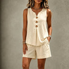 Solavia – Linen-Look 2 Piece Set, Sleeveless Button Top and Relaxed Shorts, Summer Matching Set for Women