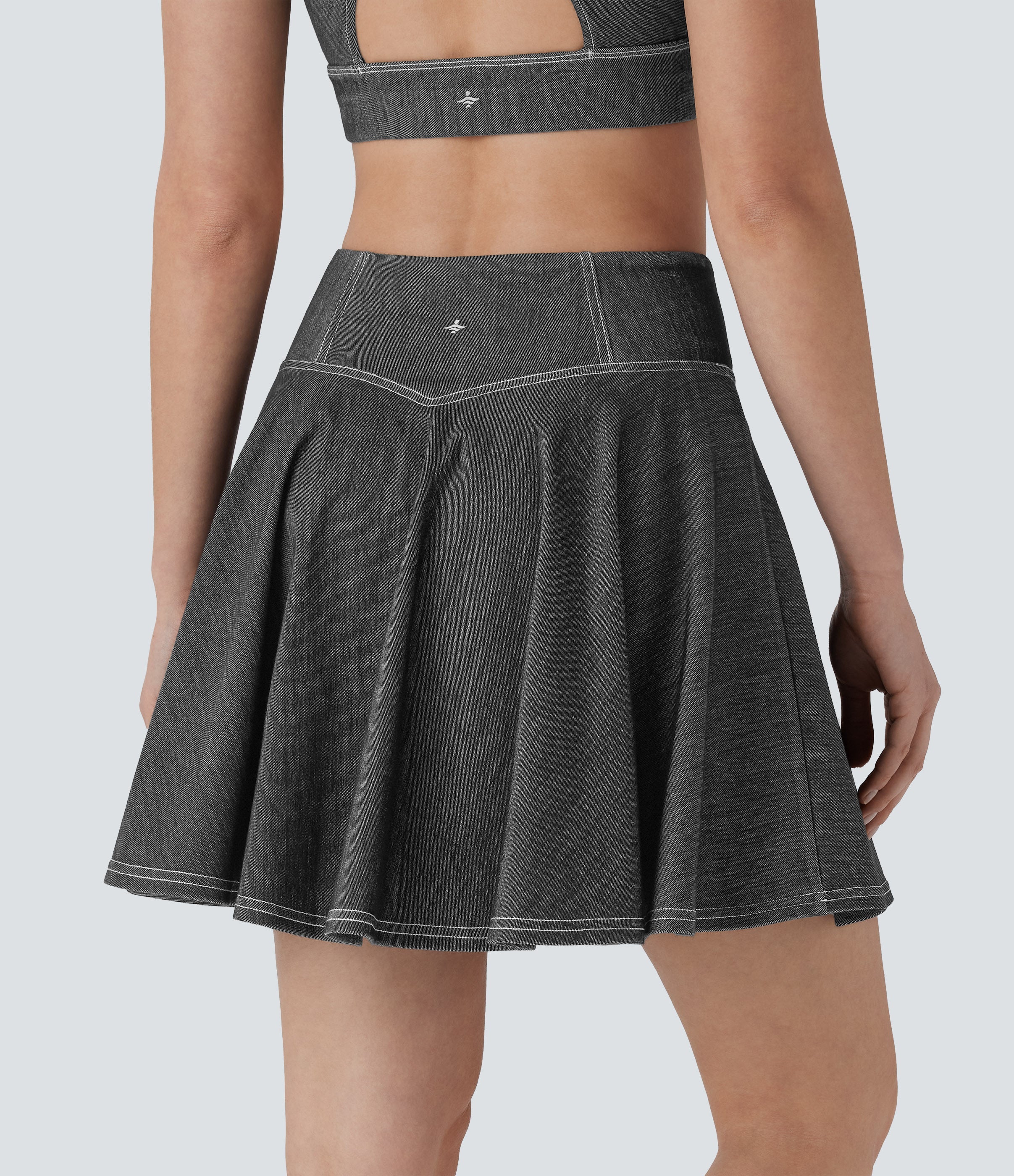 FlexTM High Waisted 2-in-1 Cool Touch Washed Stretchy Knit Denim Mini Tennis Skirt with Pockets
