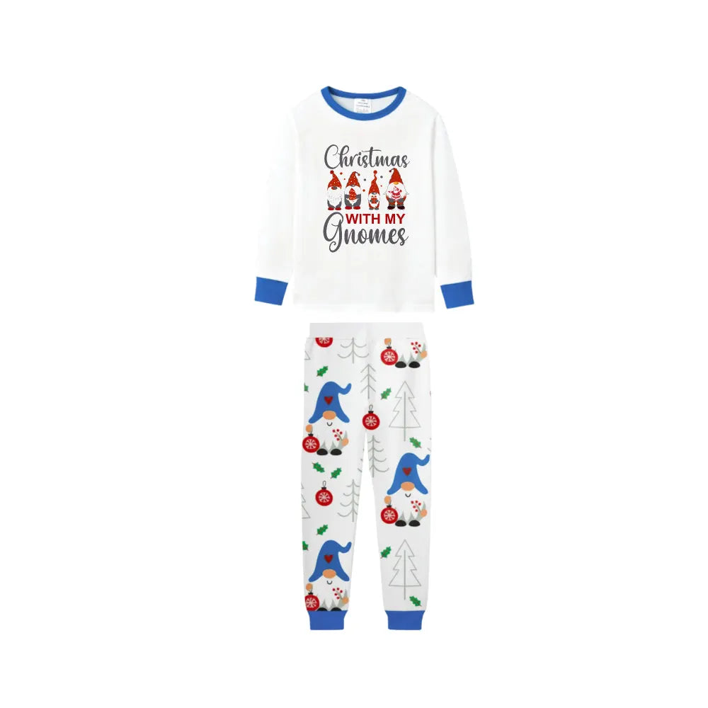 Christmas Family Holiday Blue Pajama Set Showcasing Gnome Print Design