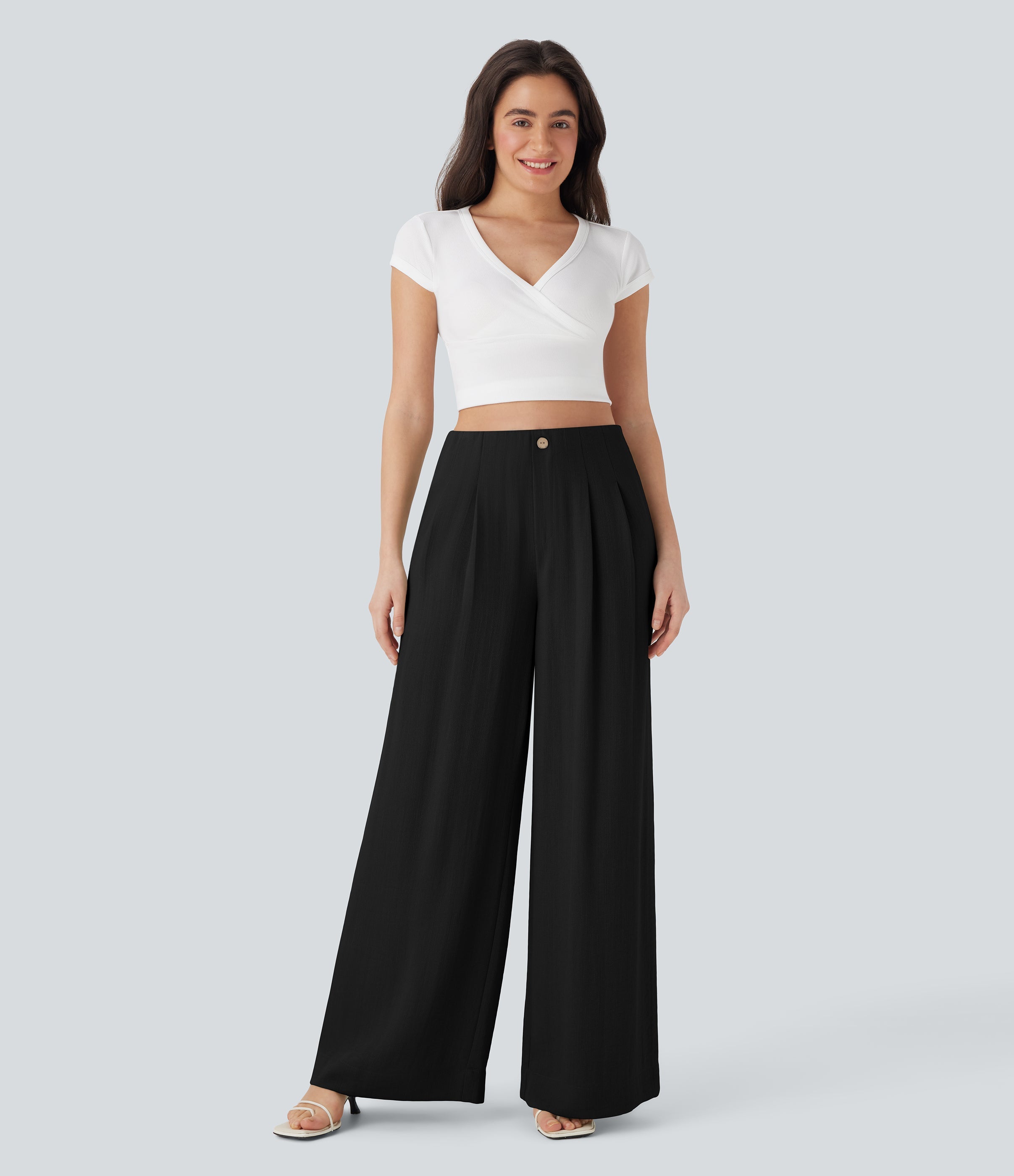 High Waisted Casual Linen-Feel Pants with Pockets