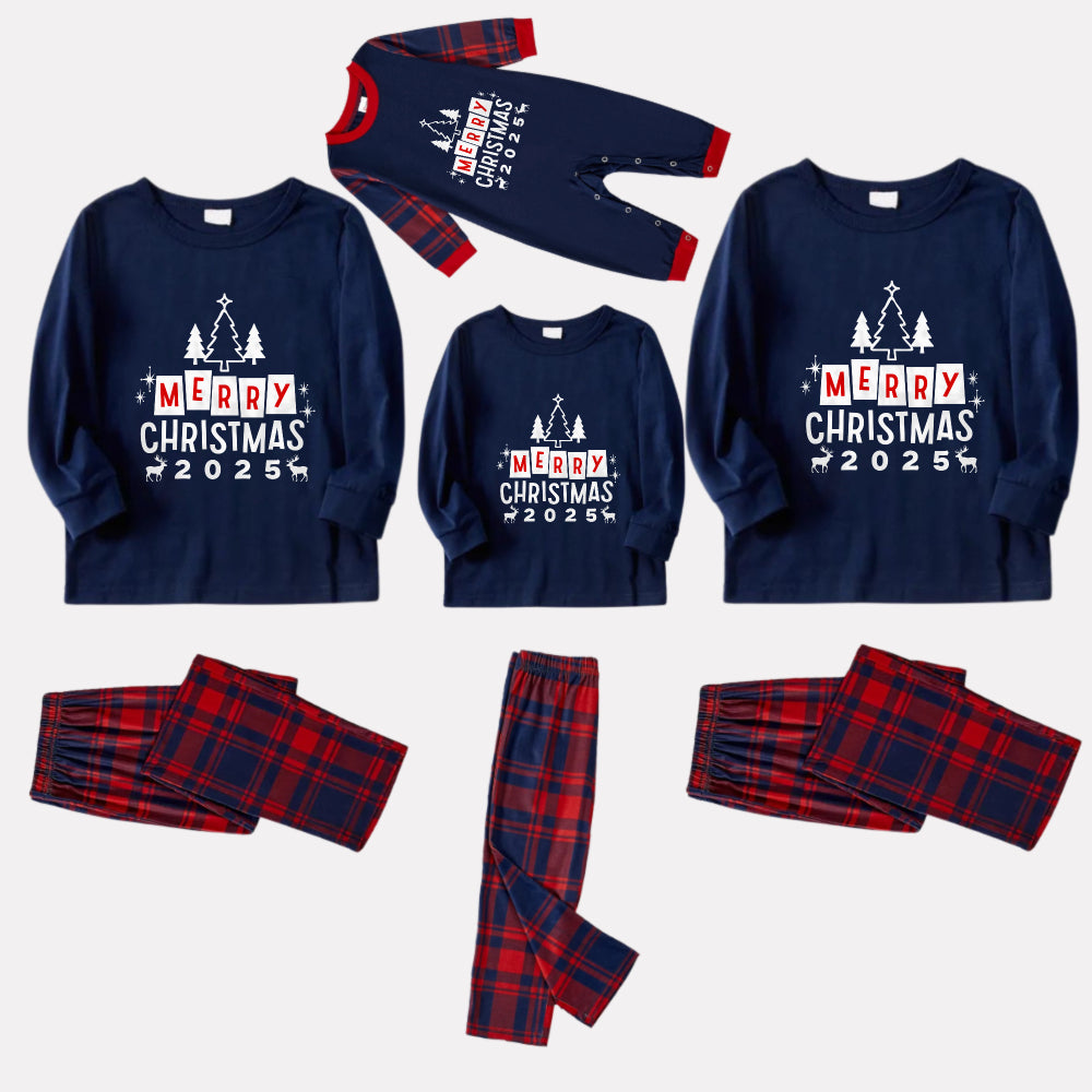 Christmas Family Matching Pajamas-Navy & Red Plaid Pjs Set with "Merry Christmas" Print