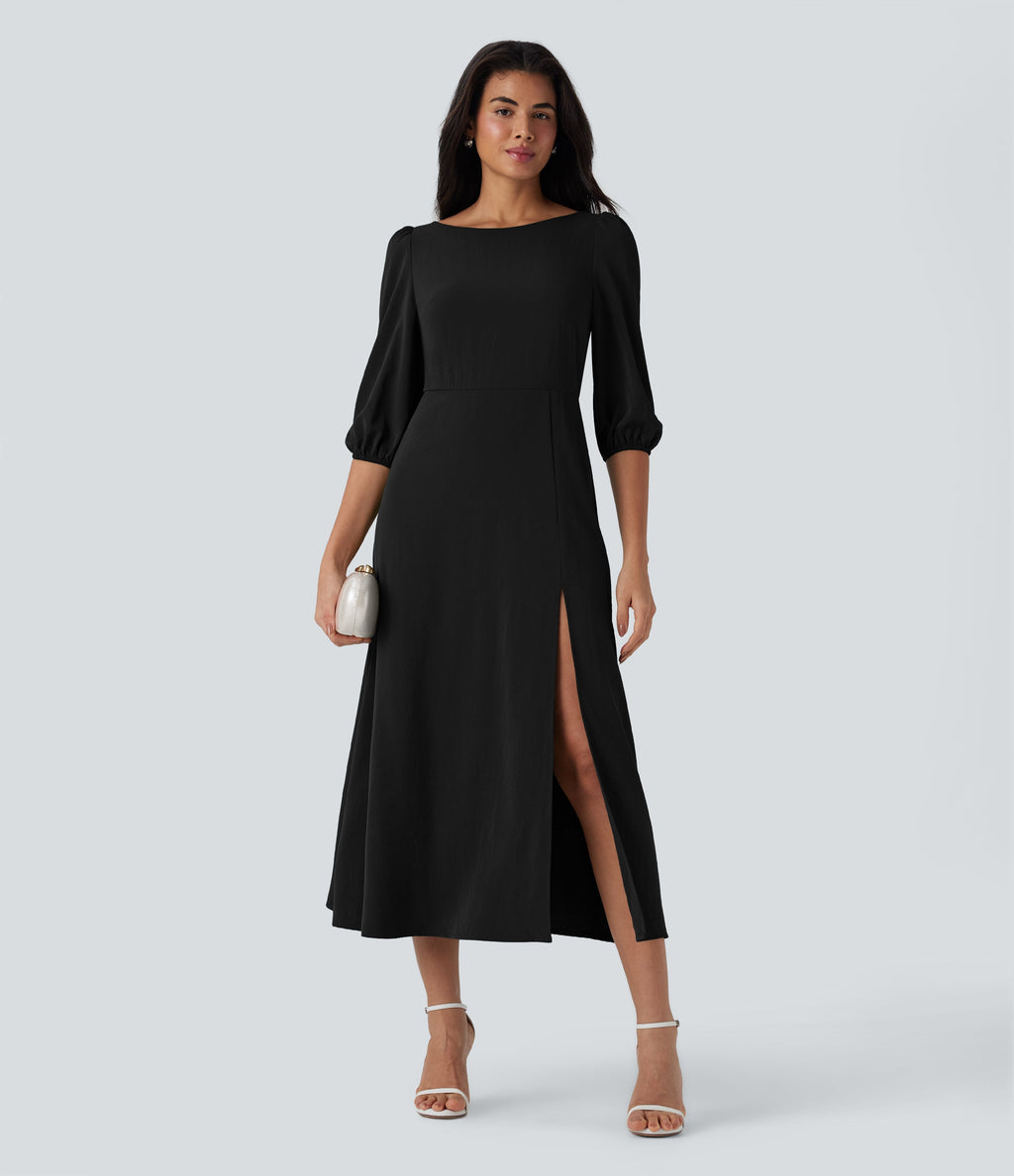 Tie Back Zipper Puff Sleeve Dress