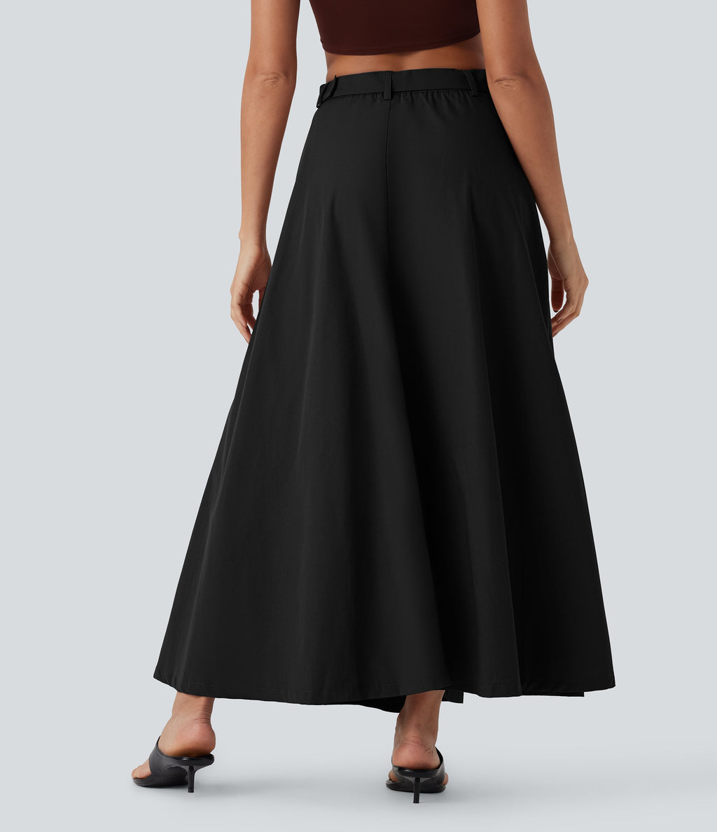 Mid Rise Belted Zipper Maxi Casual Skirt with Pockets