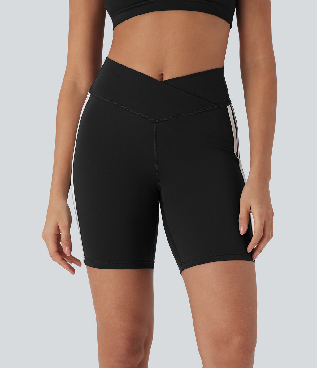 Crossover Mid Rise Color Block Stripe Yoga Biker Shorts 7''