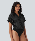 Crossover V-Neck Batwing-Sleeve Snap Satin Work Bodysuit