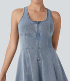 FlexTM Racerback Sleeveless Half Zipper Mini Washed Denim Casual Dress