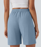 High Waisted Drawstring Casual Linen-Feel Shorts with Pockets