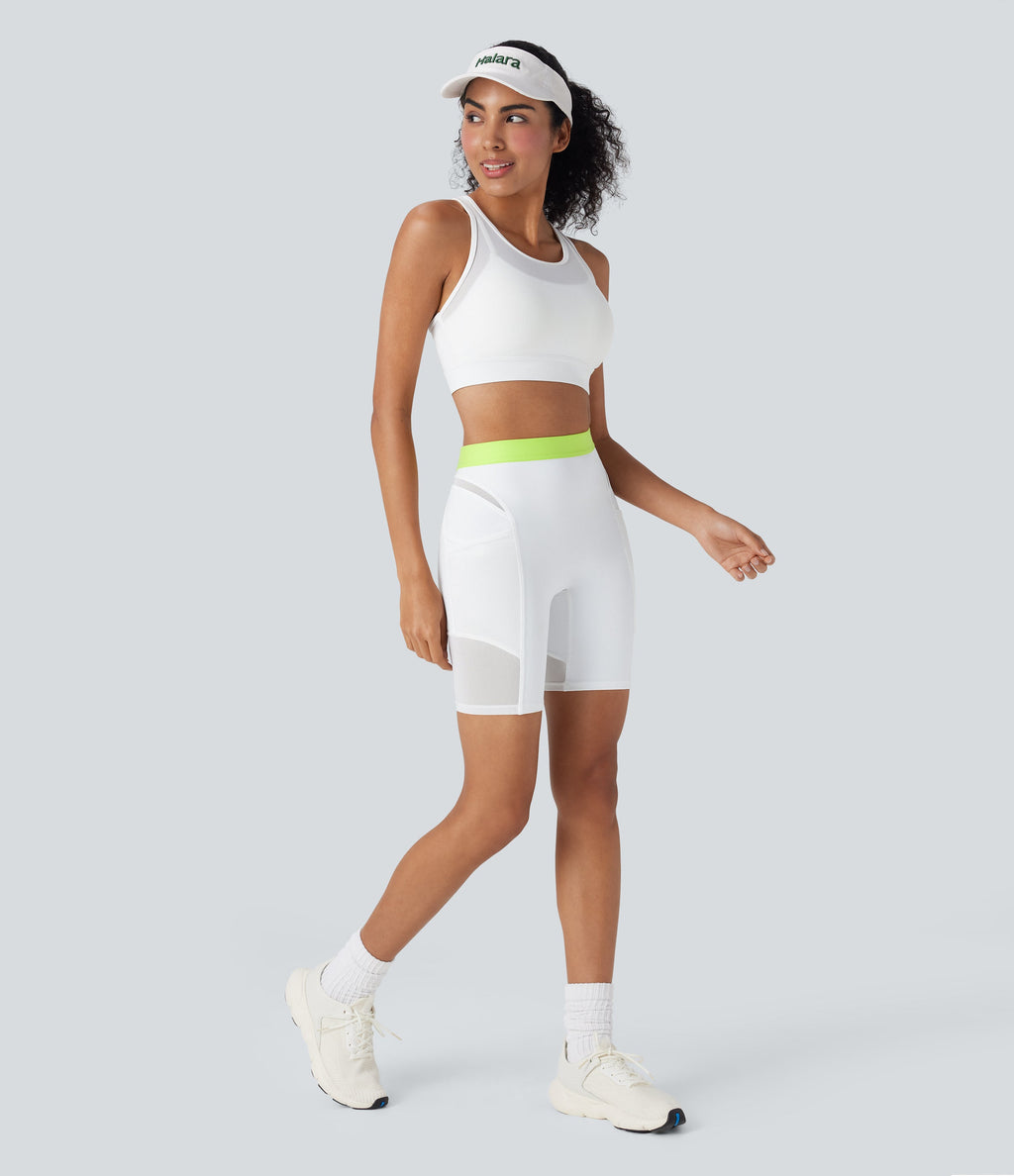 SpeedWaveTM High Waisted Contrast Mesh Quick Dry Training Biker Shorts 7'' with Pockets