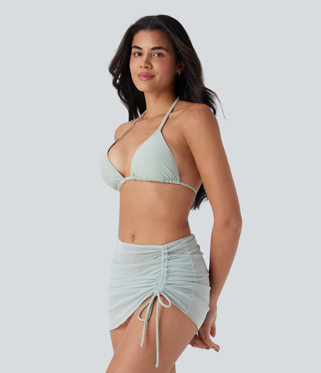 Sheer Mesh Halter Tie Back Drawstring 3-Piece Bikini Set