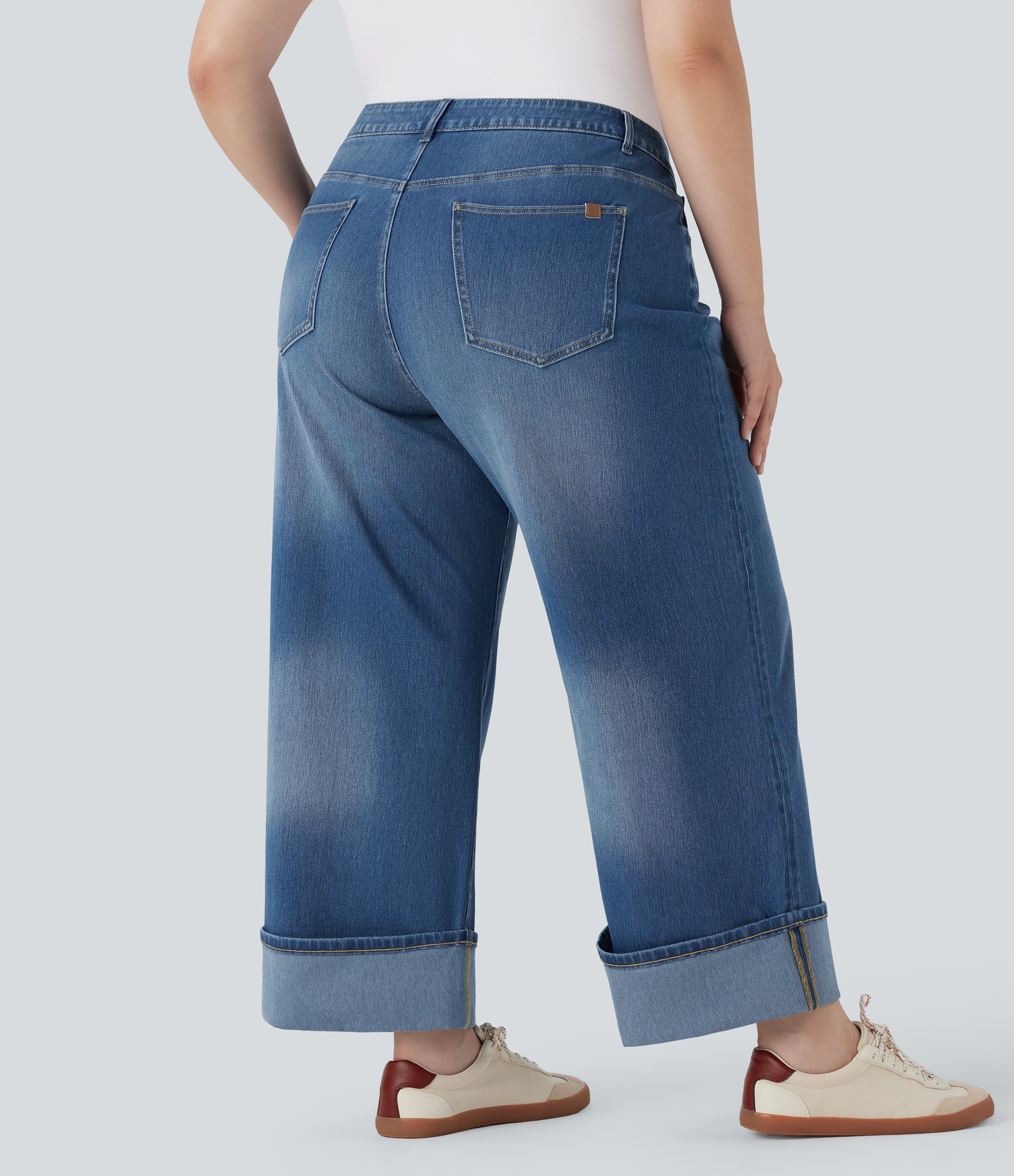 Plus Size FlexTM High Waisted Wide Leg Rolled Hem Washed Stretchy Knit Casual Jeans with Pockets