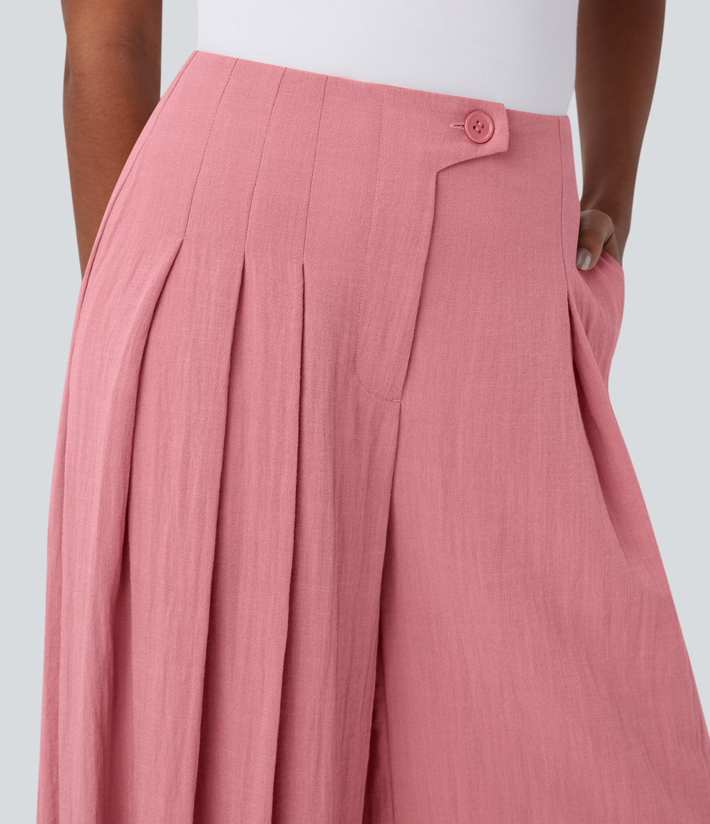 High Waisted Linen-Feel Work Wide Leg Pants with Pockets