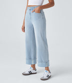 FlexTM High Waisted Multiple Pockets Rolled Hem Wide Leg Washed Stretchy Knit Casual Jeans