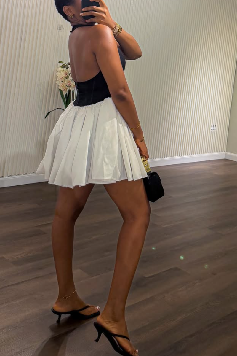 Women Neck Hanging Sleeveless Patchwork Elegant Casual Mini Dresses