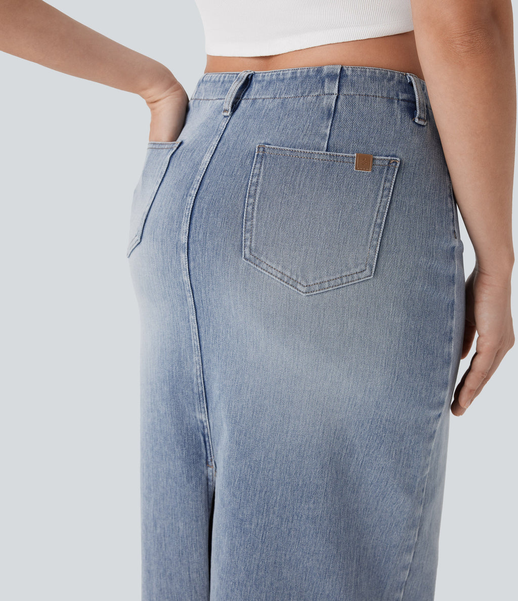 FlexTM Mid Rise Back Midi Washed Denim Casual Straight Skirt with Pockets