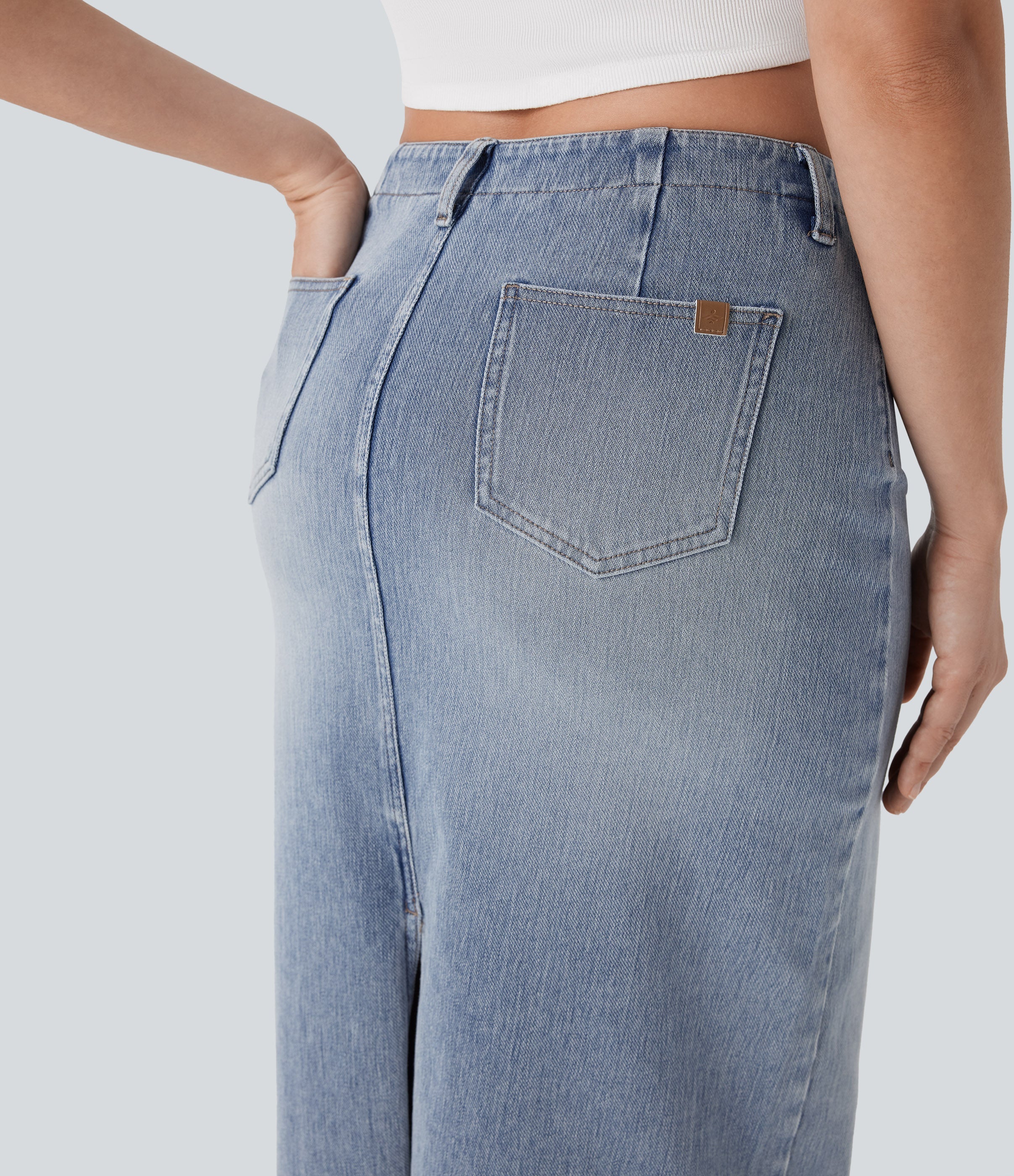 FlexTM Mid Rise Back Midi Washed Denim Casual Straight Skirt with Pockets