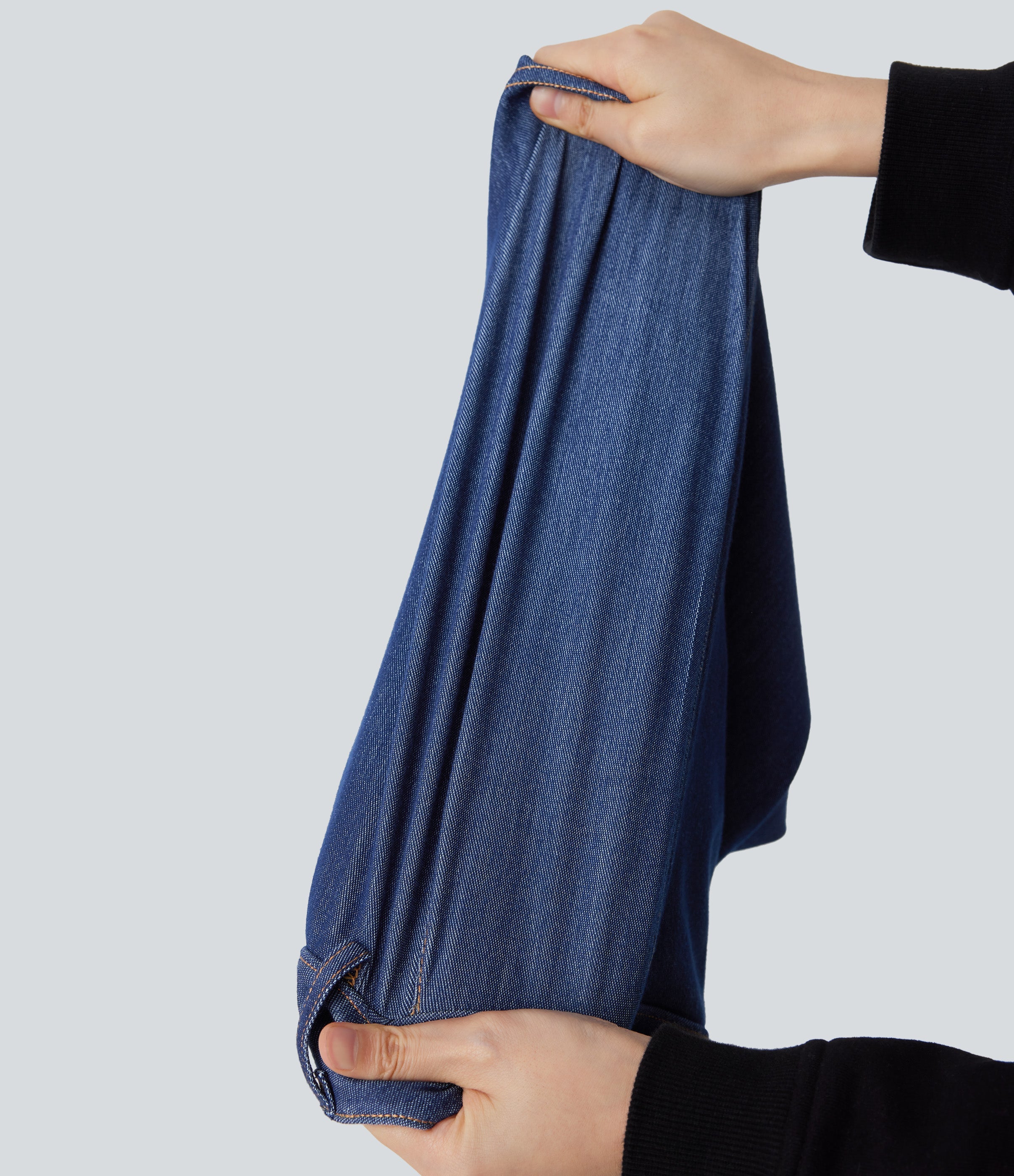 FlexTM High Waisted 2-in-1 Cool Touch Washed Stretchy Knit Denim Mini Tennis Skirt with Pockets