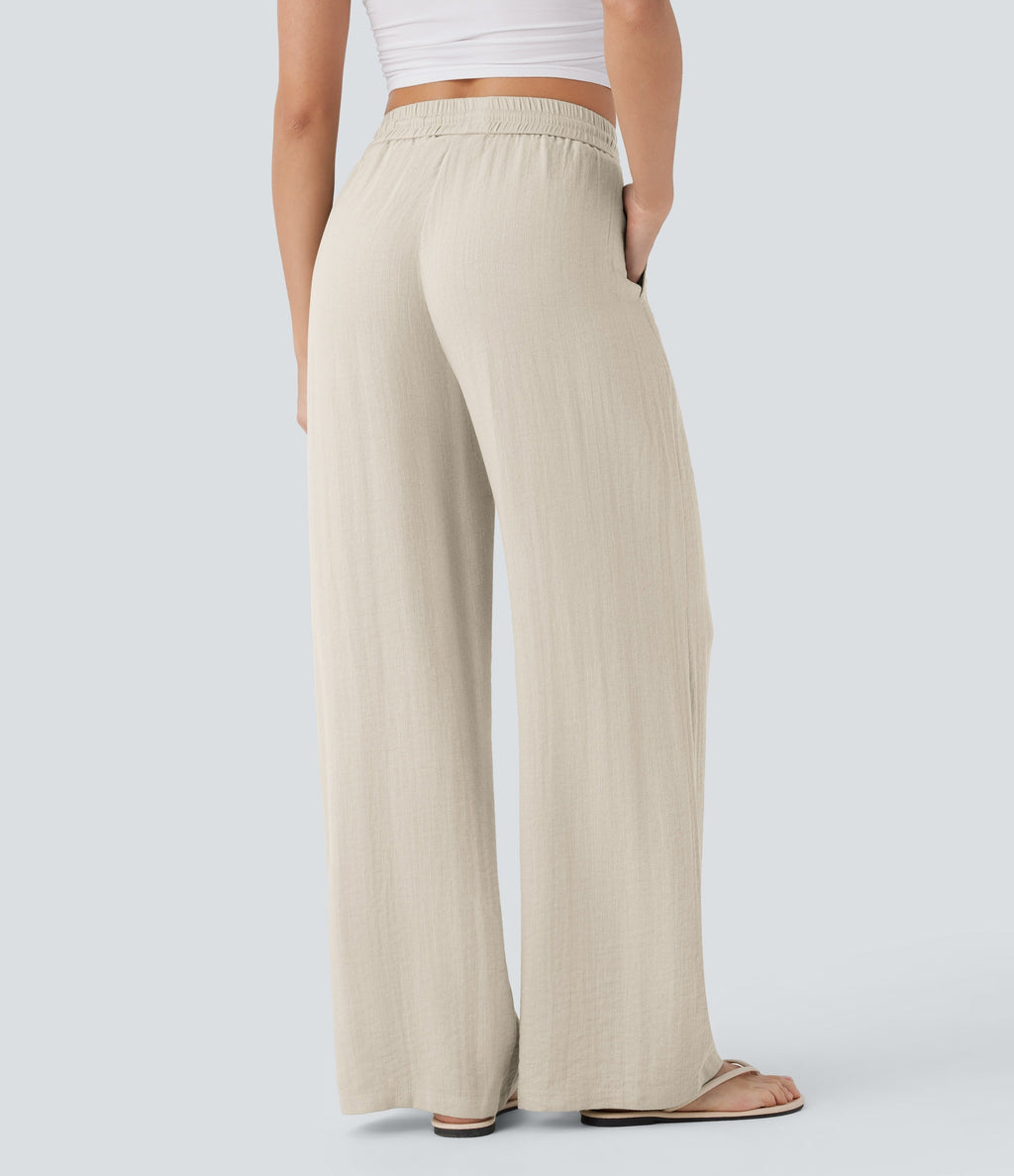 2026🔥 High Waisted Drawstring Pocket Wide Leg Casual Linen-Feel Pants