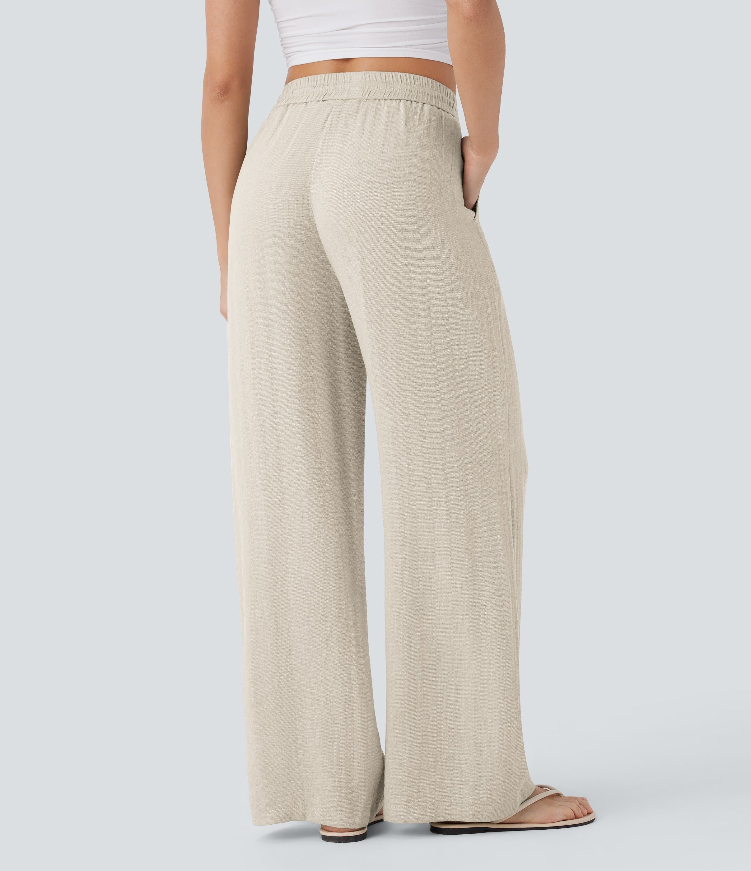 2026🔥 High Waisted Drawstring Pocket Wide Leg Casual Linen-Feel Pants