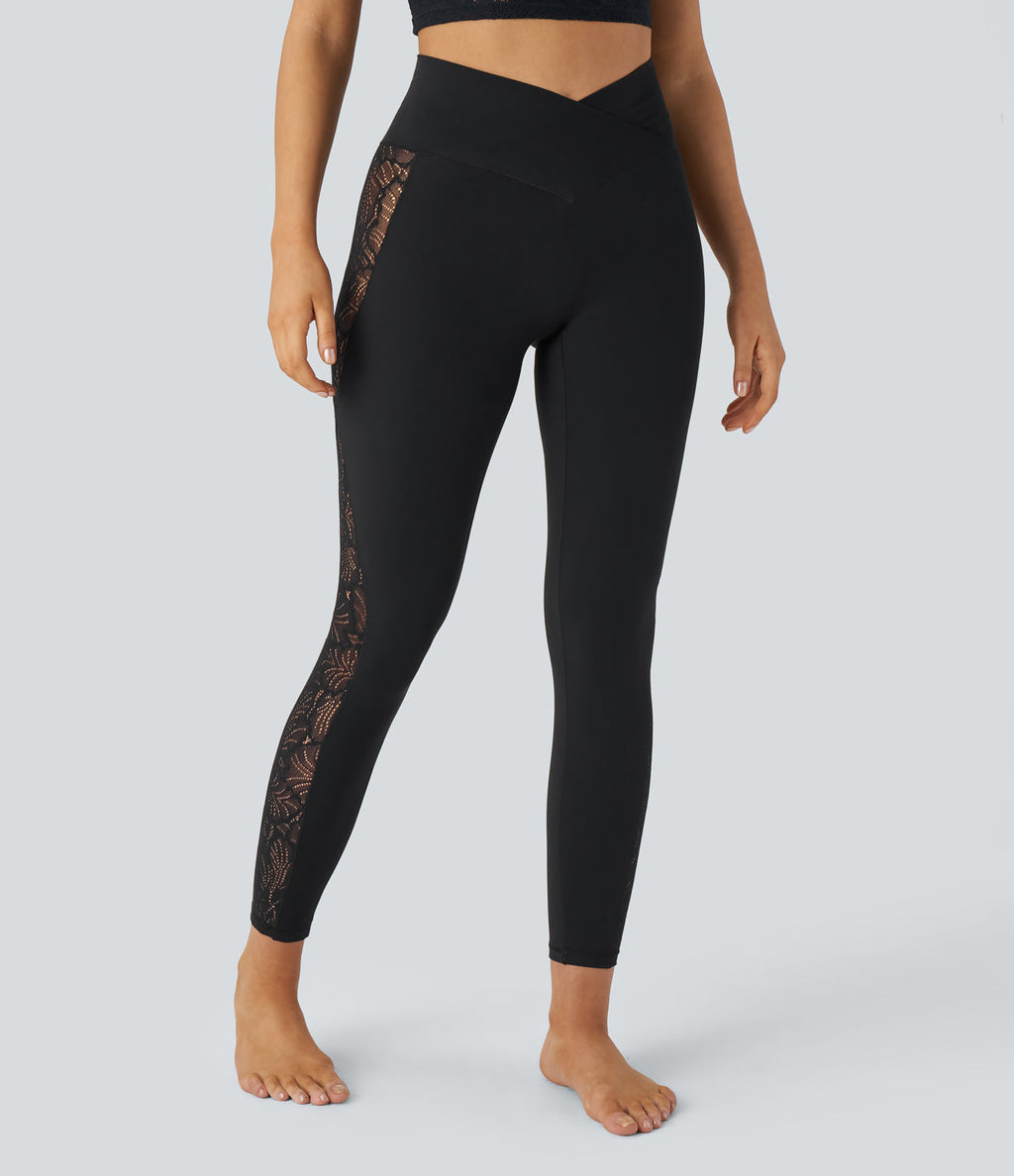 SoftlyZeroTM High Waisted Crossover Contrast Lace Built-in Underwear Yoga Leggings with Pocket-UPF50+