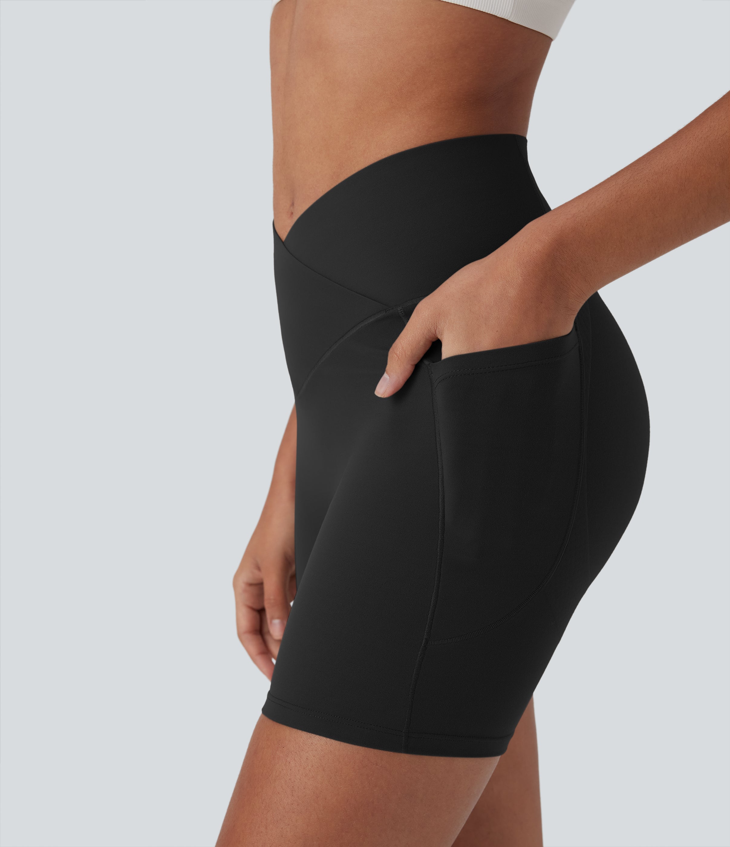 UltraSculptTM High Waisted Crossover Tummy Control Butt Lifting Yoga Biker Shorts 5'' with Pockets