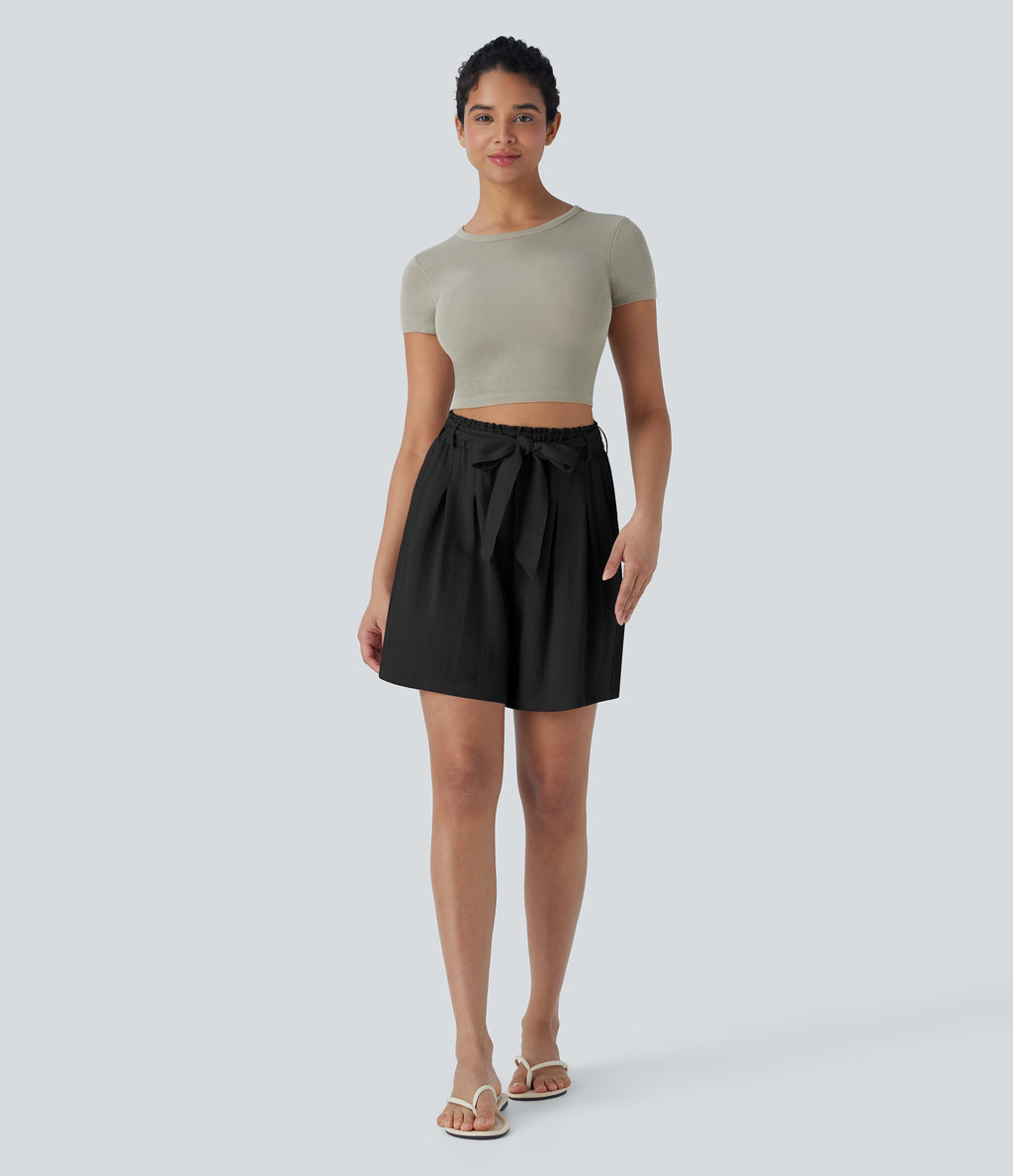 High Waisted Belted Casual Linen-Feel Bermuda Shorts with Pockets