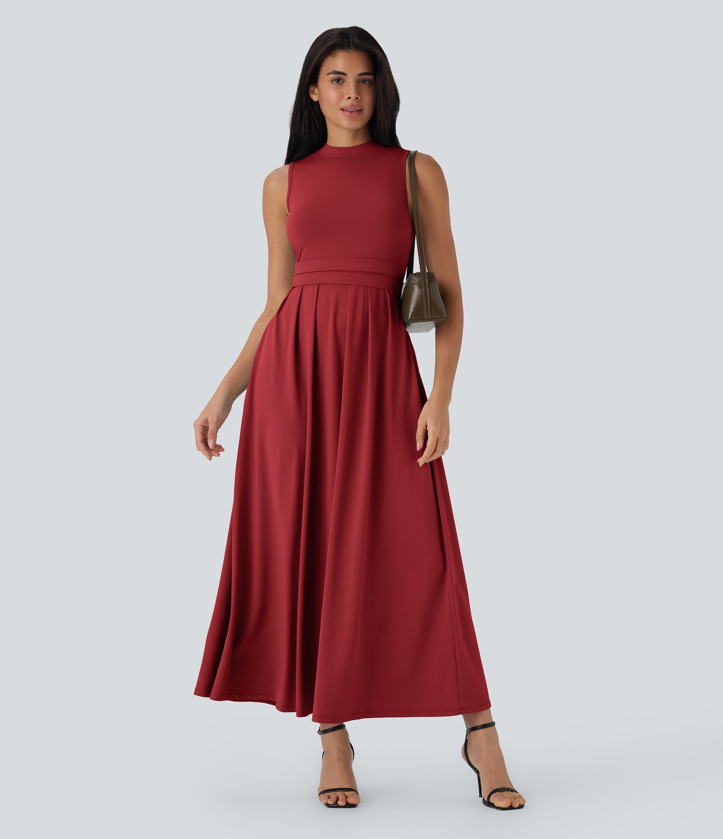 Stand Collar Sleeveless Flare Maxi Casual Dress with Pockets