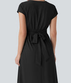 BreezefulTM V Neck Short Sleeve Pocket Tie Back Quick Dry Midi Casual Dress
