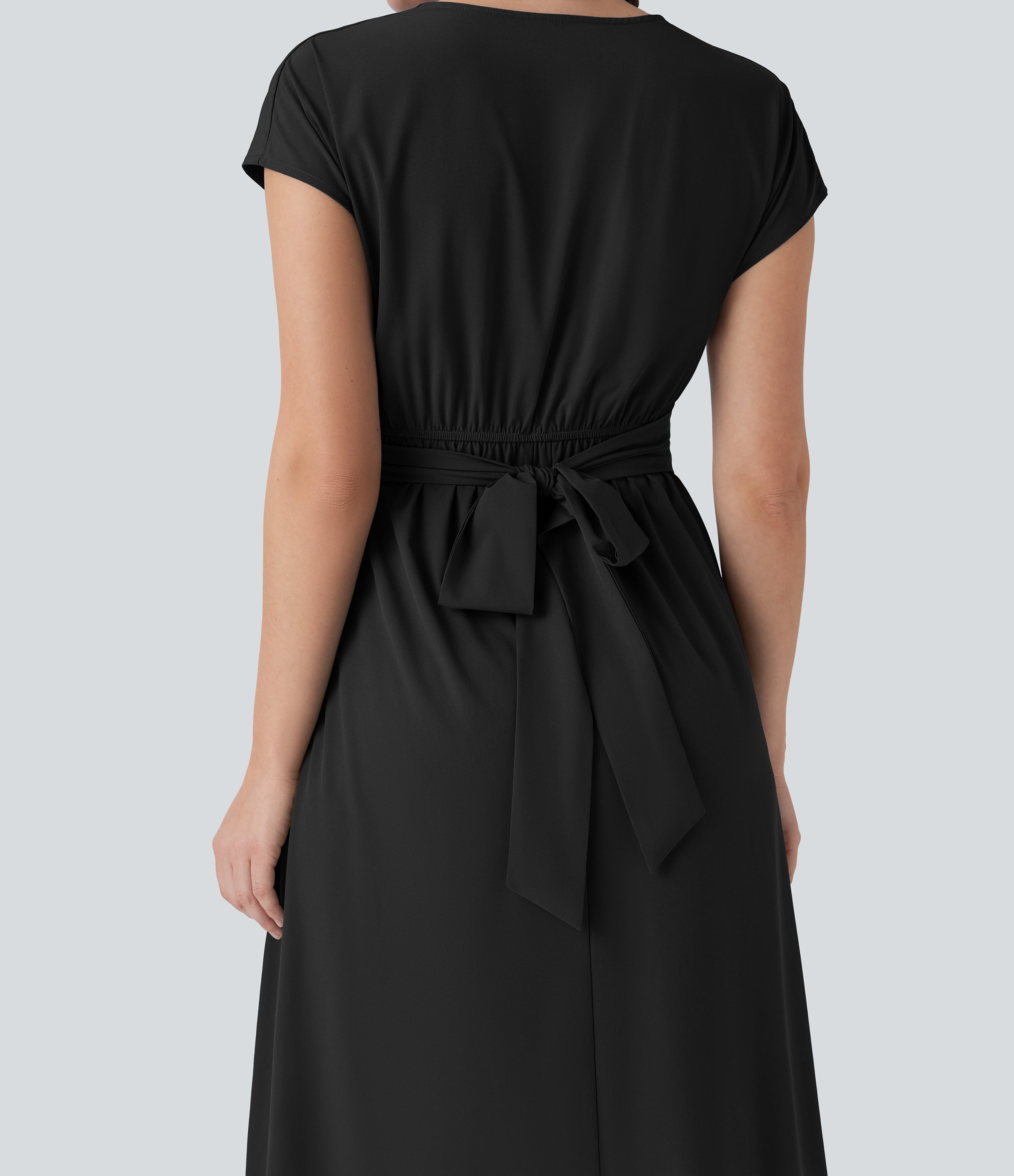 BreezefulTM V Neck Short Sleeve Pocket Tie Back Quick Dry Midi Casual Dress