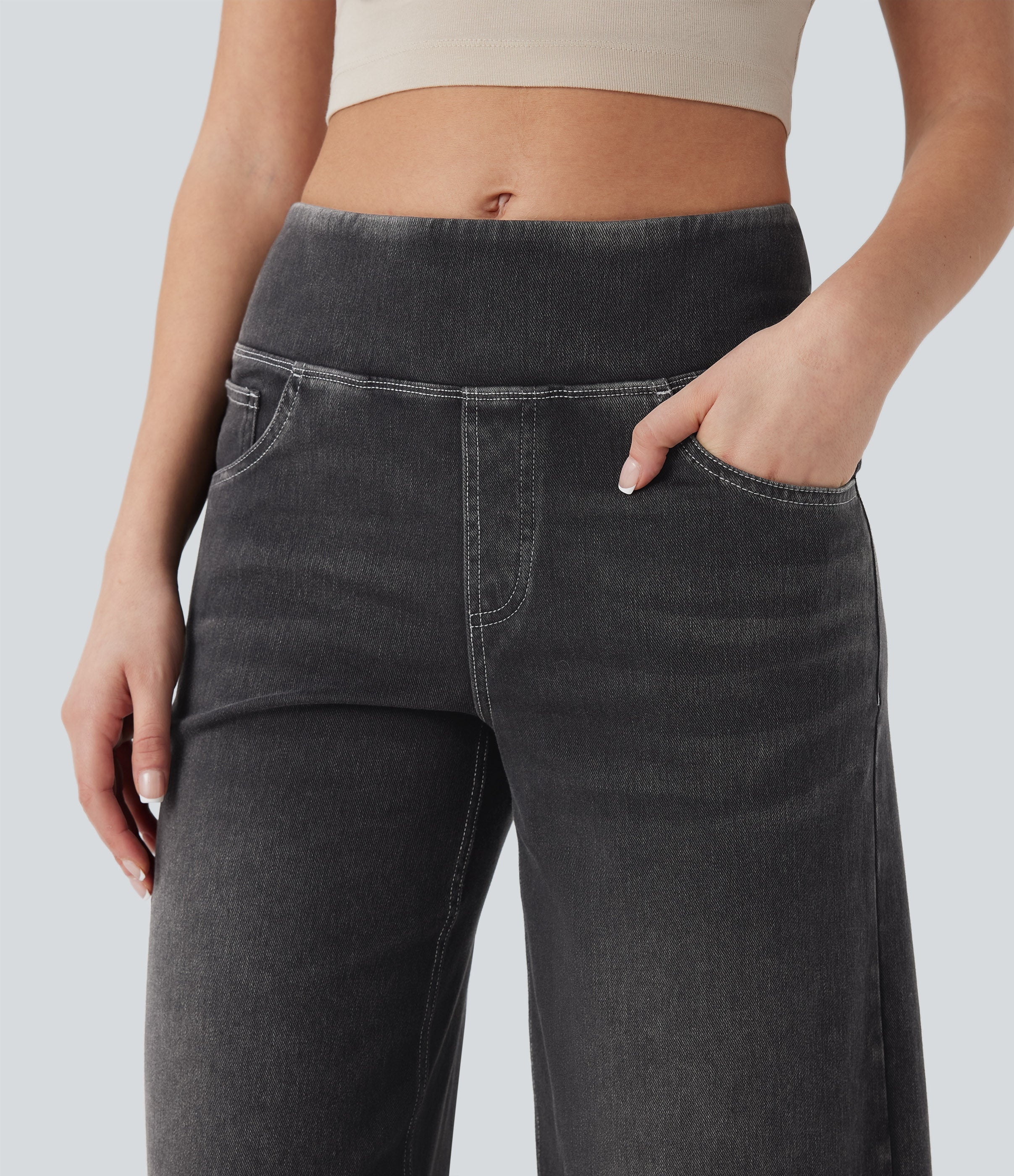 FlexTM SoCinched Mid Rise Tummy Control Casual Baggy Jeans with Pockets