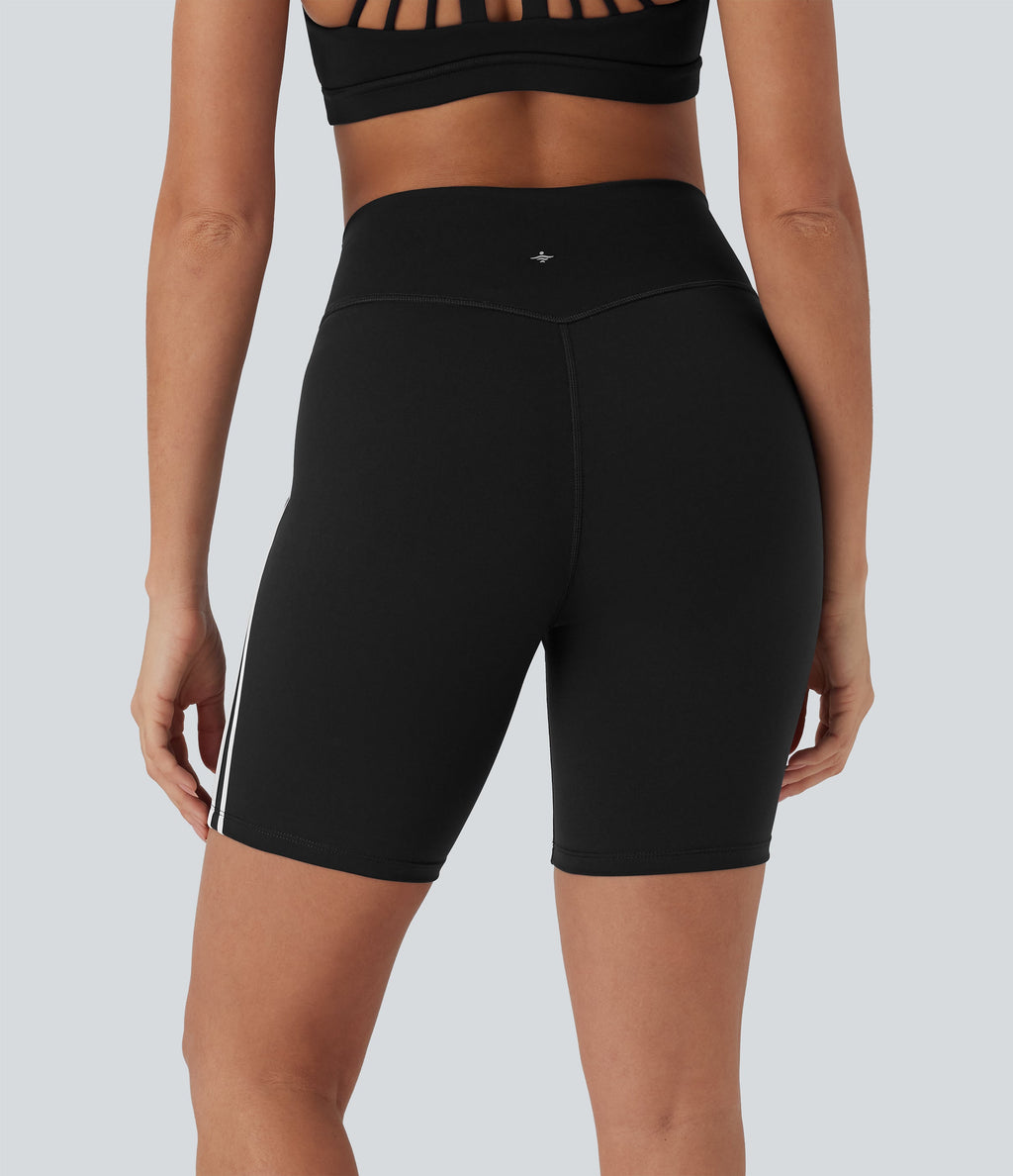 Crossover Mid Rise Color Block Stripe Yoga Biker Shorts 7''