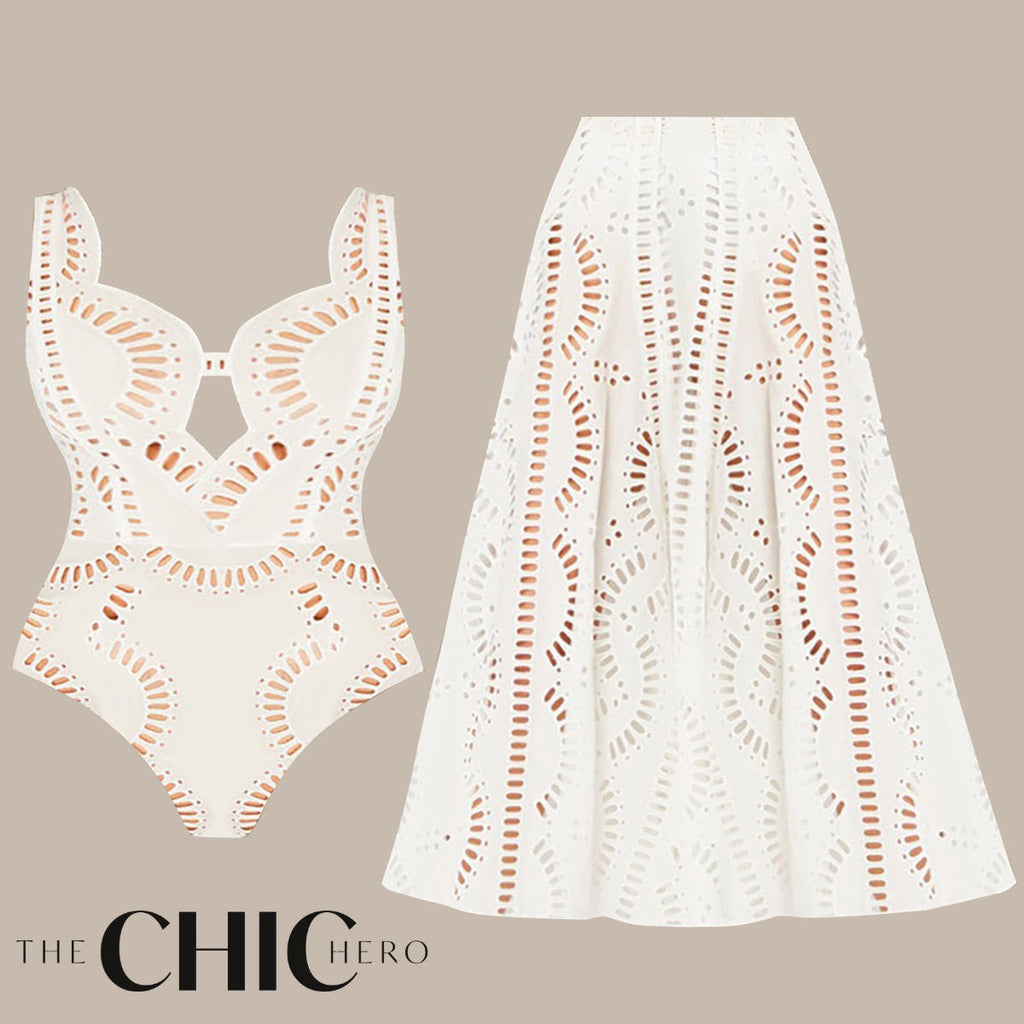 White Sexy Petal Hollow One-Piece V Neck Swimsuit&Skirt