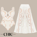 White Sexy Petal Hollow One-Piece V Neck Swimsuit&Skirt