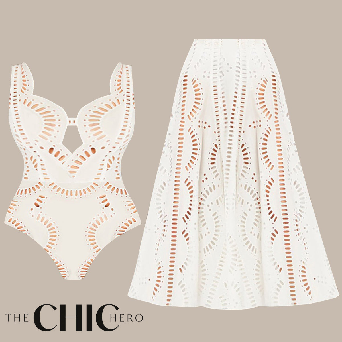 White Sexy Petal Hollow One-Piece V Neck Swimsuit&Skirt