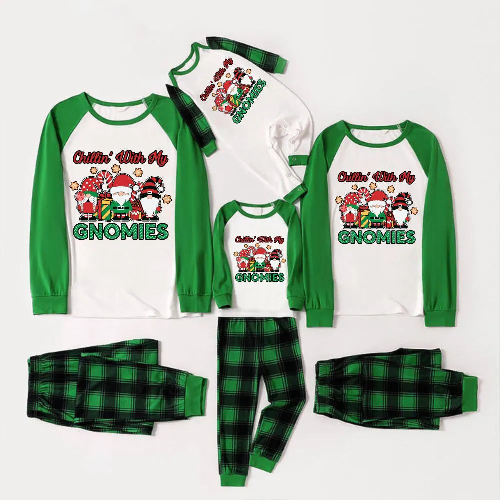Green Raglan Top Green Plaid Christmas Pajamas Set With "Chillin With My GNOMIES" Green and Red Gnomes Print