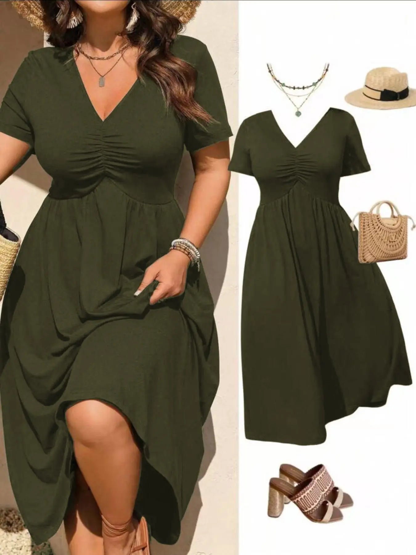 Plus Size V-Neck Ruched Bra Top Short Sleeve Midi Dress, Casual Summer Flowy A-Line Skirt, Women's Fashion Clothing