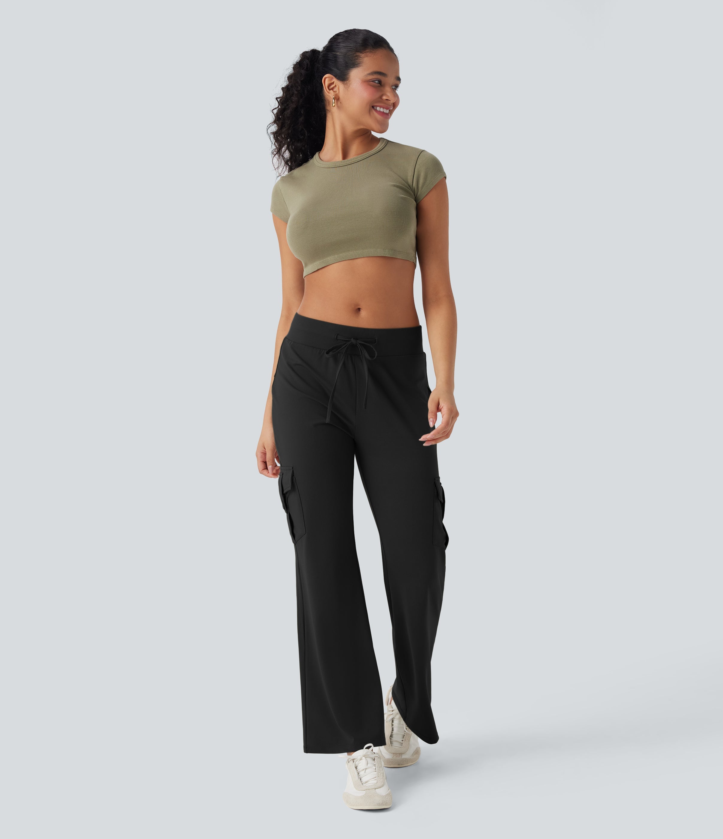 Low Rise Drawstring Casual Bootcut Cargo Pants with Pockets