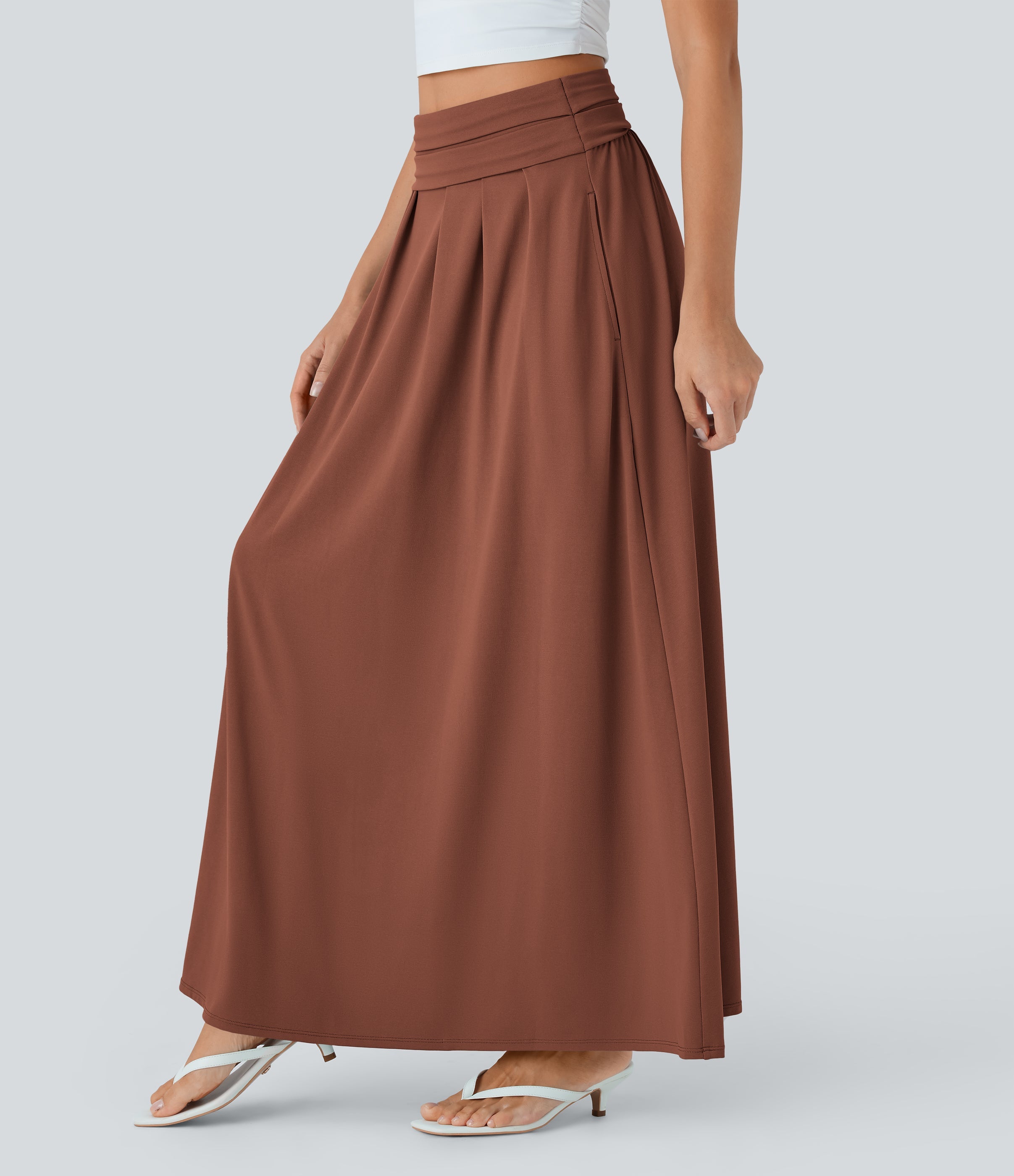 Socinched High Waisted Tummy Control Flare Maxi Casual Skirt with Pockets