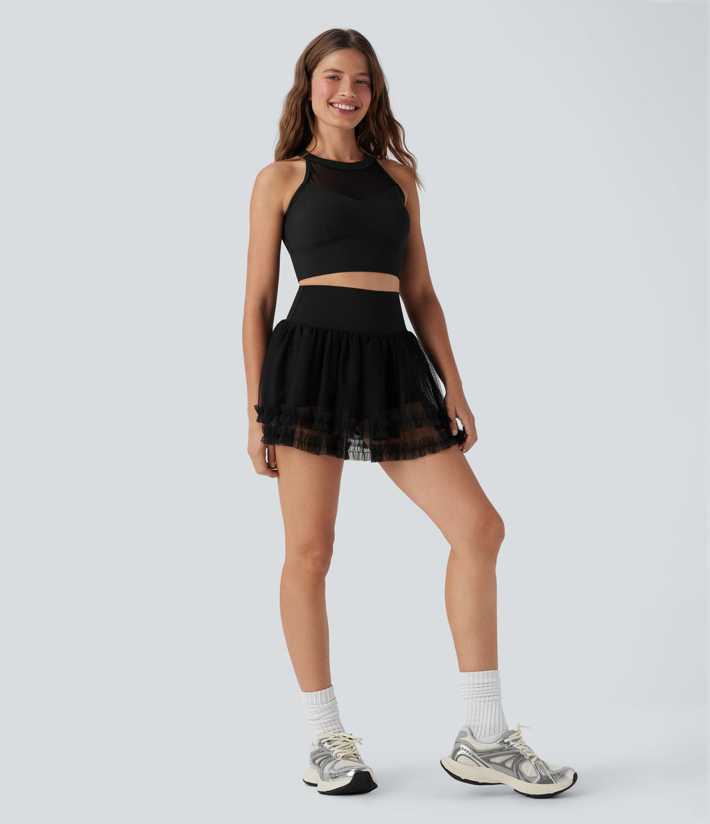 SoCinched High Waisted Tummy Control Contrast Mesh 2-in-1 Mini Dance Skirt with Pockets